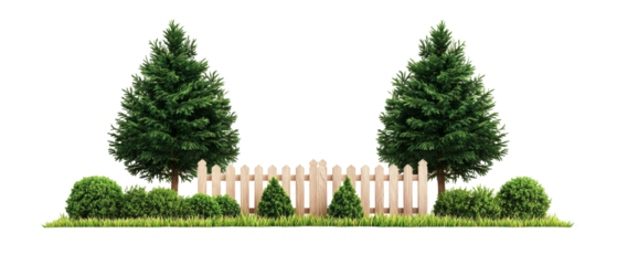 Lush green trees and wooden fence surround vibrant garden area