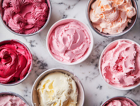 A Symphony of Flavors: A close-up overhead shot reveals a delectable array of artisanal ice cream in a variety of enticing colors and textures.
