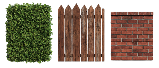Lush green hedge, wooden picket fence, and textured brick wall