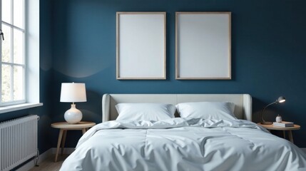 Serene Bedroom Interior Design with Minimalist Decor and Two Blank Frames Above a Crisp White Bed