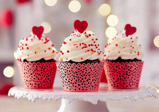 Valentine's Day Cupcakes: Three decadent red velvet cupcakes, adorned with creamy vanilla frosting, red sprinkles, and charming fondant hearts.