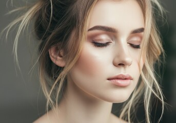Naklejka premium Close-up of a woman with soft makeup and closed eyes, radiating beauty