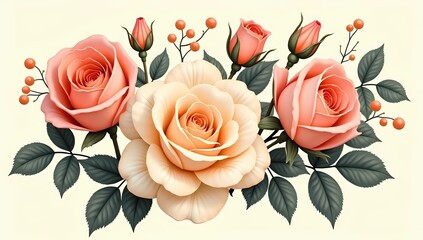  Detailed watercolor floral illustration with roses on white background