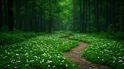 Scenic Forest Pathway Surrounded by Lush Greenery and Flowers