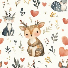Fototapeta premium whimsical watercolor valentine cute cartoon wild animal pastel in a playful scene