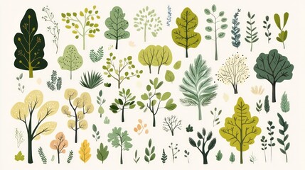 Collection of stylized trees and foliage illustrations.  Possible use for nature-themed designs or prints