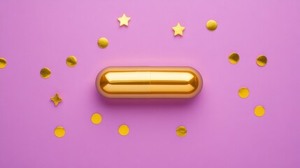 A pill is placed on a pink background with gold stars scattered around it. The pill is shiny and golden, and the stars are also golden and scattered in various sizes and positions around the pill