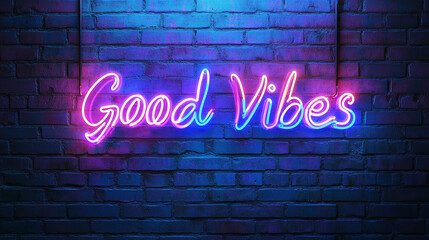 Obraz premium Neon Sign Good Vibes Purple Blue Glowing Text on Brick Wall