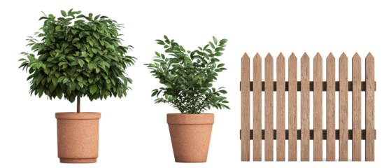 Lush green plants in pots beside wooden fence create serene garden scene