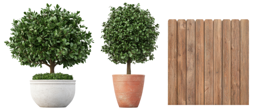 Lush green trees in pots beside wooden fence create serene outdoor scene