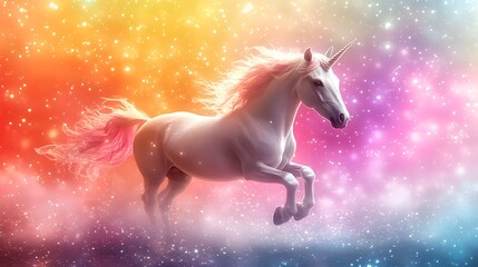 Ethereal Unicorn Floating in a Colorful Fantasy Background with Shimmering Holographic Magic