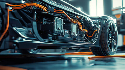 Fototapeta premium Close-up of advanced EV battery pack in a high-tech garage, intricate wiring, ultra-realistic details, photorealistic