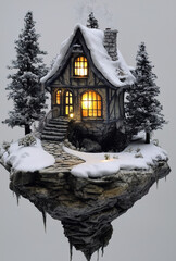 Naklejka premium Snowy Fairy-Tale Cottage with Warm Lights on a Floating Rock