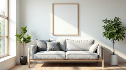 Fototapeta premium Modern minimalist living room interior design with a light grey sofa, wooden frame, and potted plants showcasing a blank poster frame for artwork or text