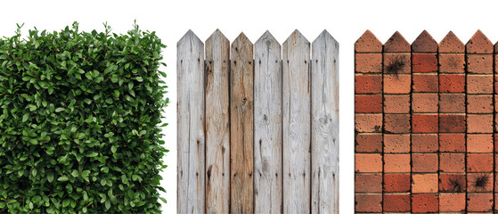 collection of three distinct fence types hedge, wooden, and brick