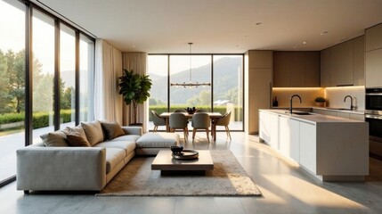 Fototapeta premium Modern Open Plan Living Space with Stunning Mountain Views and Neutral Color Palette