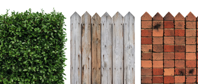 collection of three distinct fence types hedge, wooden, and brick
