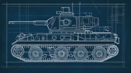A mechanical blueprint of a tank with detailed drawings of suspension tracks, steering mechanisms, and the drive train system.