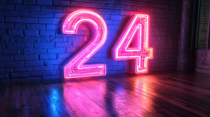Neon Number 24 on Brick Wall  Night  Glowing Sign  Pink  Purple  24 Hour   Modern  Trendy