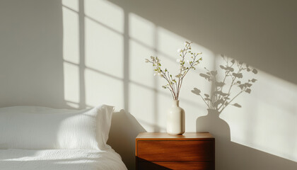 Minimalist bedroom with wooden nightstand and vase of flowers casting shadows