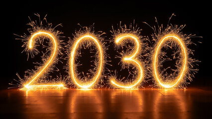 An illuminated display presents the year 2030, crafted with bright sparklers that burst with light against a dark backdrop, symbolizing New Year’s celebrations.