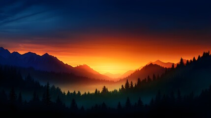 Breathtaking Sunset Over Majestic Mountains and Forests at Dusk