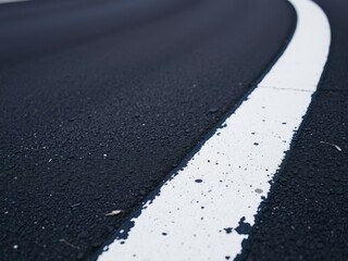 Fototapeta premium Close-up of a white dividing line on a black asphalt road with a slight reflection, road markings, water reflectio
