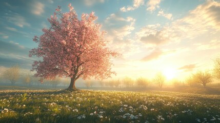 A panoramic view of a vibrant green field under a bright blue sky,