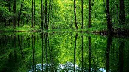 Obraz premium Lush green trees reflect perfectly on the water's surface, forming a mesmerizing and harmonious natural symmetry.