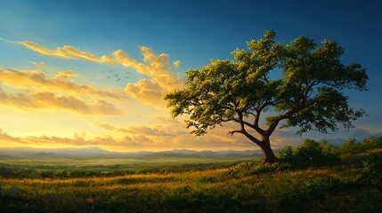 Fototapeta premium Serene Sunset Landscape with Lone Tree on a Gentle Hill