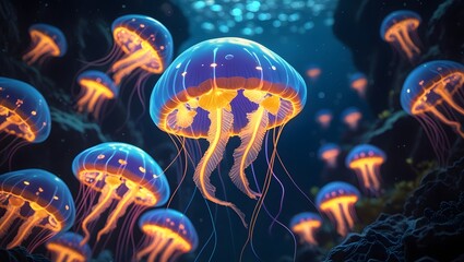 A swarm of glowing yellow jellyfish gathers under the seabed in search of food.