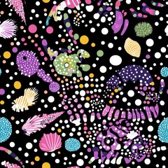 Mardi Gras theme with A colorful and abstract design of sea creatures and shells. The design is full of bright colors and has a playful and whimsical feel to it