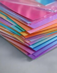 Close-up of colorful holographic paper sheets, reflective, glossy