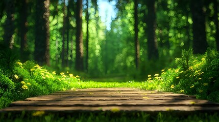 Obraz premium Serene Woodland Pathway Surrounded by Lush Green Foliage