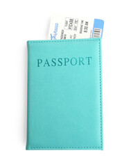 One passport with ticket isolated on white, top view