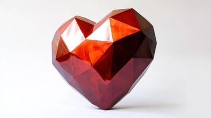 A modern 3D heart with a faceted, gem-like surface in a vibrant red hue, floating on white.