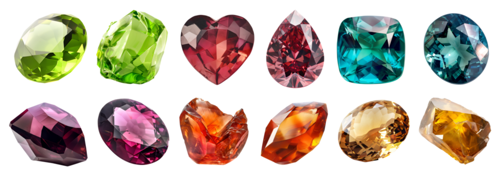 Collection of gemstone mineral rocks crystal semi-precious stones on transparent cutout PNG. Red Diamond, Peridot, Paraiba Tourmaline, Rhodolite Garnet, Oregon Sunstone, Phosgenite. Mockup template