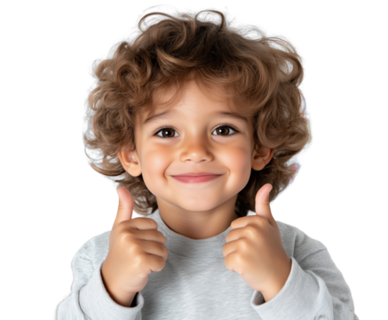 Cheerful child giving thumbs up with curly hair in casual gray sweater on transparent background