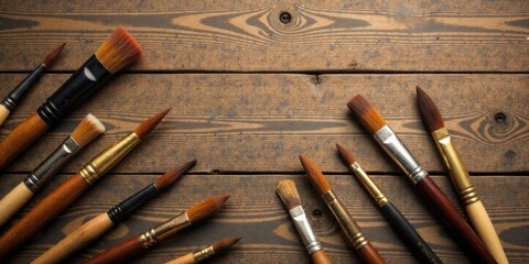 Fototapeta premium Artistic paintbrushes arranged on a rustic wooden surface, creating a visually appealing composition for creative projects and design inspiration