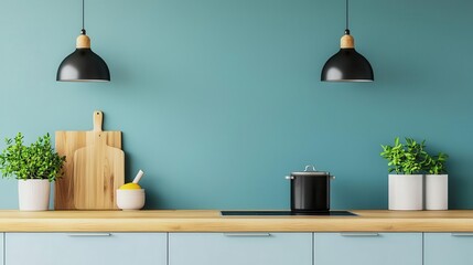Elegant pastel blue kitchen with wooden countertops and modern lighting, soft and inviting design