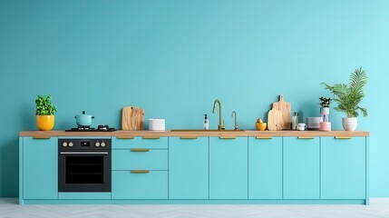 Stylish and colorful kitchen with pastel blue cabinetry, wooden countertops, and gold accents