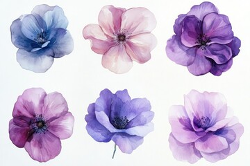 Delicate Watercolor Floral Arrangement Featuring Soft Blue, Pink, and Purple Blooms Captured in Semi-Transparent Artistry for Elegant Decor and Design Projects