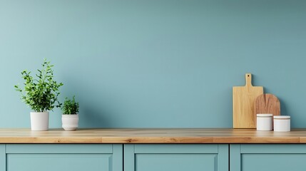 Modern kitchen interior with pastel blue cabinets and wooden countertops, minimalistic and stylish design