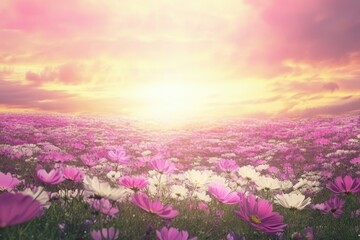 Obraz premium Expansive Field of Vibrant Pink and White Flowers with a Beautiful Sunrise Casting Soft Light on Blooming Nature in a Serene Landscape