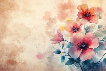 Obraz premium Soft and Ethereal Floral Background Featuring Delicate Pink and Peach Flowers with a Vintage Watercolor Effect for Creative and Elegant Designs