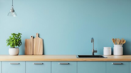 Pastel blue kitchen interior with sleek wooden countertops and metallic modern appliances
