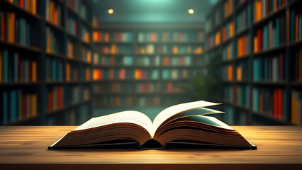 Buch offen aufgeschlagen geöffnet auf einem Holztisch vor einer Reihe Bücherregale mit alten Büchern, wie eine Bibliothek, Archiv studieren Literatur Pult Bildung Universität alt Fachhochschule lernen