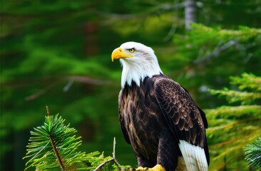 Obraz premium bald eagle on the background of a green forest, Copy space