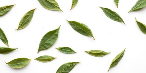 Naklejka premium Close-up of isolated green tea leaves on a white background with subtle texture, outdoors, leafy greens, isolation