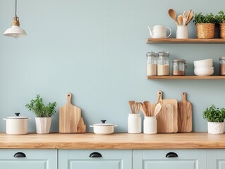 Chic pastel blue kitchen interior with warm wooden countertops and natural light, stylish decor
